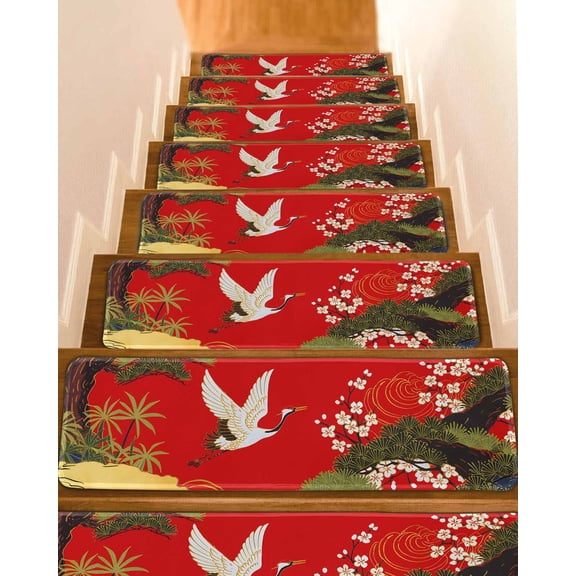 Red Traditional Stair Treads for Wooden Steps Indoor Runner Rug Carpet, Vintage Crane Pine Flowers Natural 4 Pieces Peel and Stick Staircase Step Treads Covers Washable Throw Door Mats, 30"x8"
