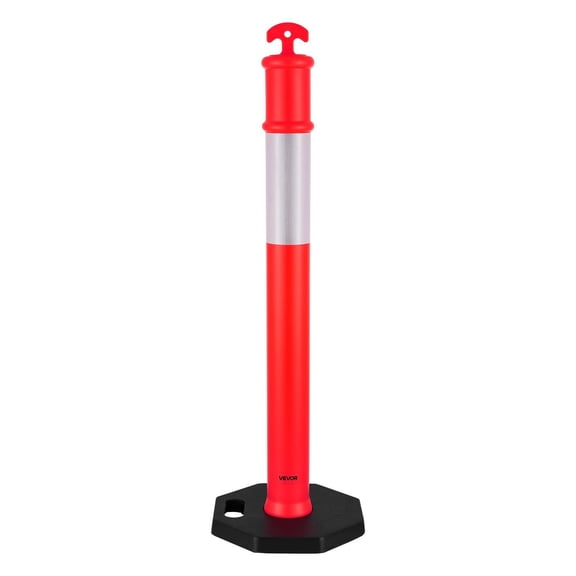 Red Traffic Safety Delineator Posts, 48 Inches Tall (Set of 9)  Weighted Rubber Base and Reflective Strips for Construction, Warehouse, Lot, and Event Control