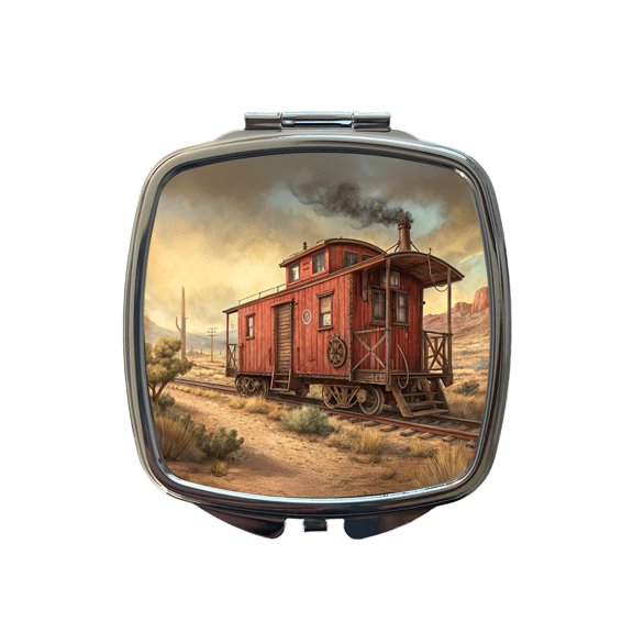 Red Train Caboose Old West Western Travel Makeup Handbag Purse Small Pocket Compact Mirror