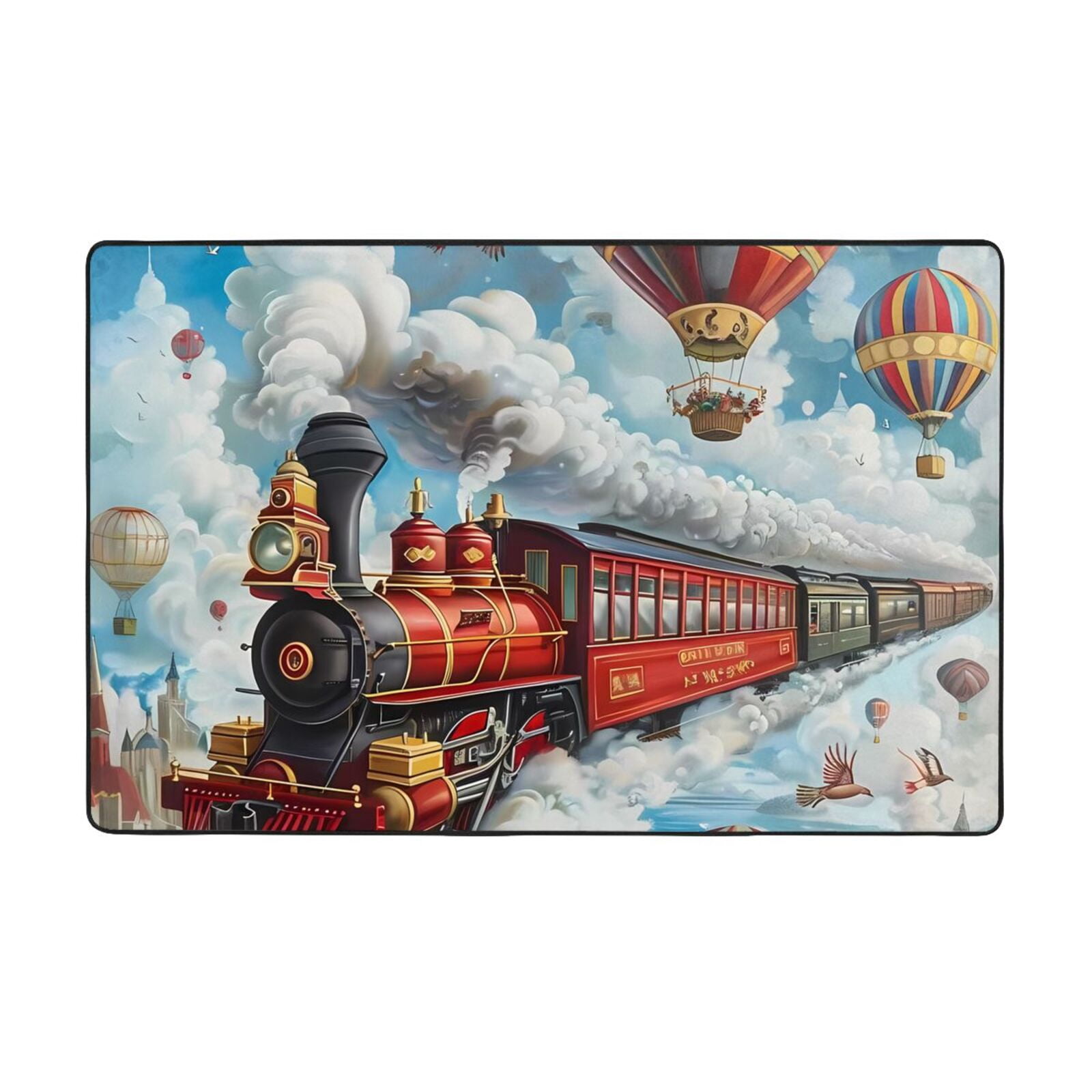 Red Train Hot Air Balloon Soft Indoor Outdoor Rug, Washable Rugs for ...