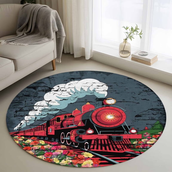 Red Trains 3ft Area Rug, Shabby Chic Cartoon Retro Flowers Artwork Washable Non-Slip Small Round Rugs for Entryway Bedroom Kitchen, Soft Circle Carpet for Dining Room, Playroom Nursery Rug