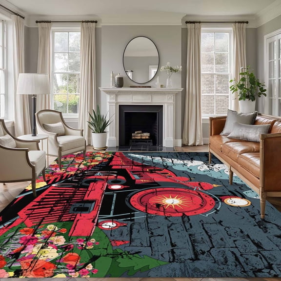 Red Trains 5'x8' Area Rug for Living Room, Shabby Chic Cartoon Retro Flowers Artwork Washable Non-Slip Rugs for Bedroom Nursery Dining Room, StainResistant Low-Pile Kitchen Carpet Large Entryway Rugs