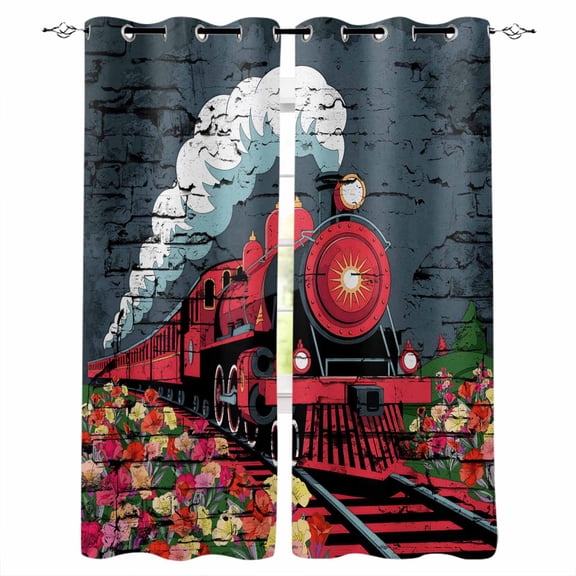 Red Trains Blackout Curtains 96 Inches Long, Shabby Chic Cartoon Retro Flowers Artwork Thermal Insulated Black Out Curtains, Darkening Window Curtain Drapes for Bedroom Living Room 52"x96" 2 Panels
