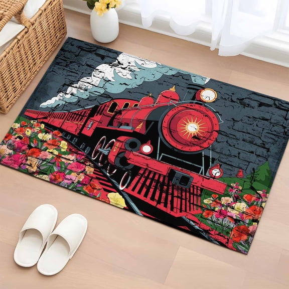 Red Trains Entryway Rug 2'x3' Non Slip Front Door Mats, Shabby Chic Cartoon Retro Flowers Artwork Entrance Rugs Indoor Outdoor Carpet, Washable Floor Mats Small Area Rug for Bedroom Kitchen