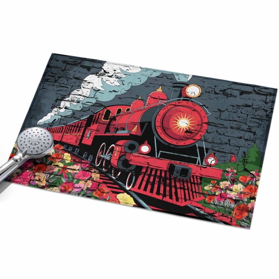 Red Trains Entryway Rug 2x3ft Washable Non Slip Bathroom Rug Low Pile Indoor Floor Front Door Mat Shabby Chic Cartoon Retro Flowers Artwork Rectangle Area Rugs Carpet for Kitchen Office Dining Room