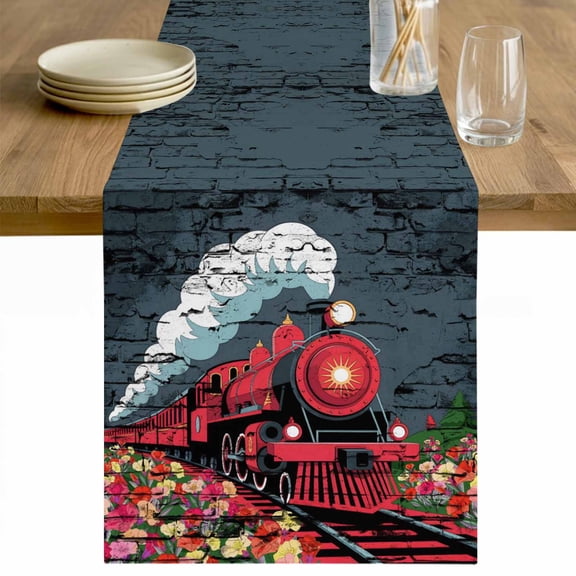Red Trains Table Runner - 36 Inch Long Shabby Chic Cartoon Retro Flowers Artwork Cotton and Linen Blended Dress Scarves Farmhouse Table Runner for Kitchen Dining, Coffee Table, 13" x 36"