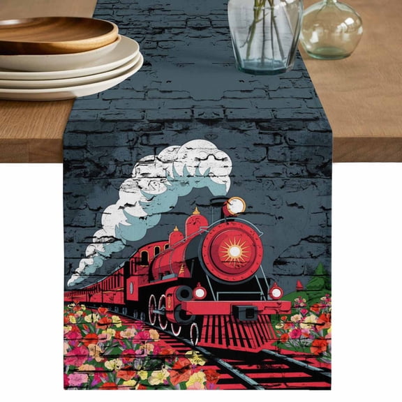 Red Trains Table Runner, Shabby Chic Cartoon Retro Flowers Artwork Washable Cotton Linen Table Runners 36 Inches Long, Dresser Scarf Runner for Nightstand/End Tables/Round Tables 13''x36''