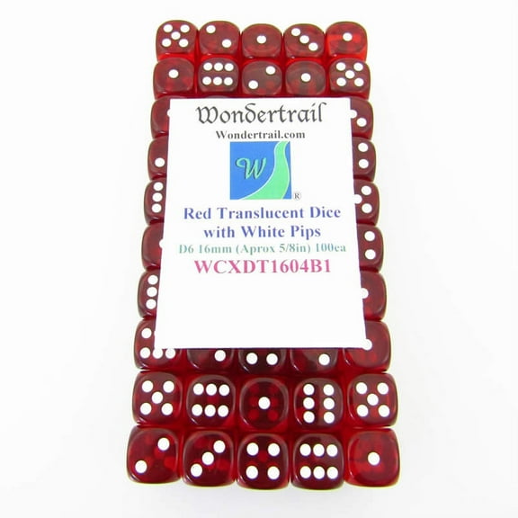 Red Translucent Dice with White Pips D6 16mm (5/8in) Pack of 100 Wondertrail