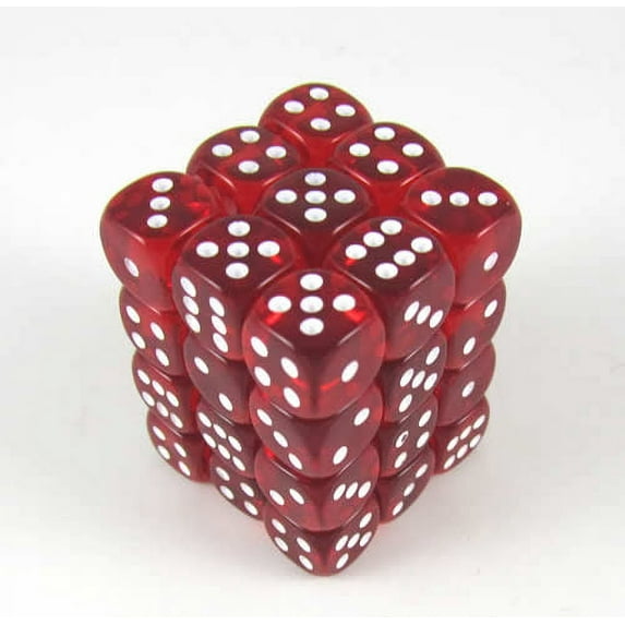 Red Transparent Deluxe Dice with White Pips D6 12mm (1/2in) Pack of 36 Koplow Games