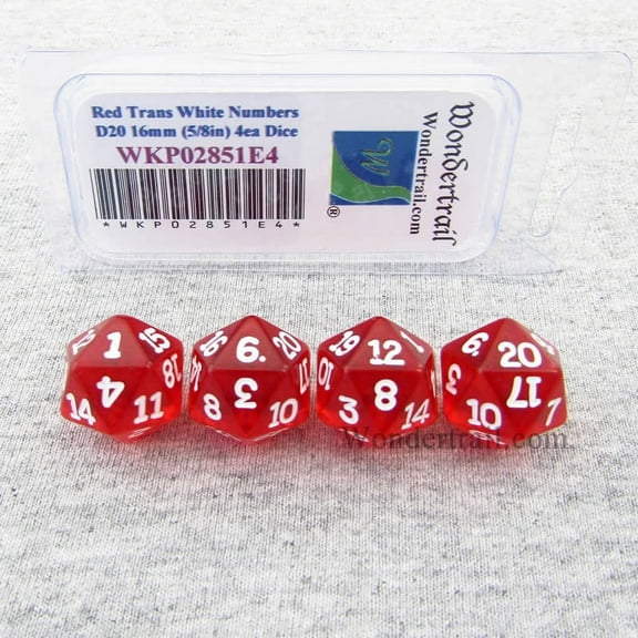 Red Transparent Dice with White Numbers D20 16mm (5/8in) Pack of 4 Wondertrail
