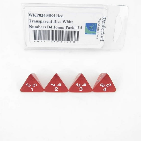 Red Transparent Dice with White Numbers D4 16mm (5/8in) Pack of 4 Wondertrail