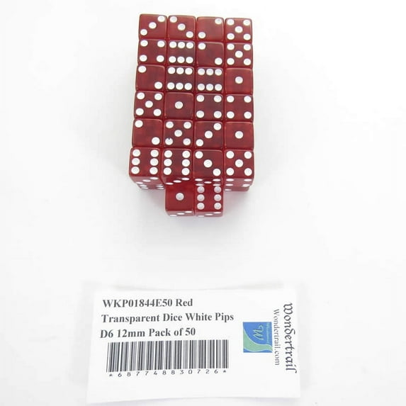 Red Transparent Dice with White Pips Square Corners D6 12mm (1/2in) Pack of 50 Wondertrail