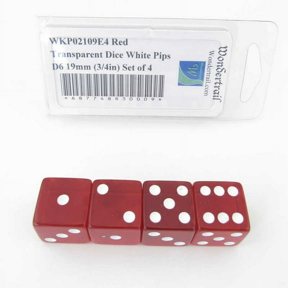 Red Transparent Dice with White Pips Square Corners D6 19mm (3/4in) Set of 4 Wondertrail