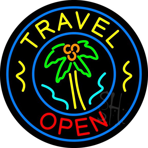 Red Travel Open Blue Circle LED Neon Sign 18 x 18 - inches, Black Square Cut Acrylic Backing, with Dimmer - Bright and Premium built indoor LED Neon Sign for Dcor, Travel agency, Storefront.