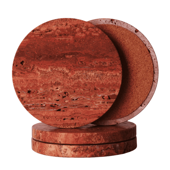 Red Travertine-Stone-Coasters Set of 4-Round -4" Diameter Drink Coasters for Housewarming Desktop Protection Suitable for Various Cups - Sturdy and Durable Aesthetics