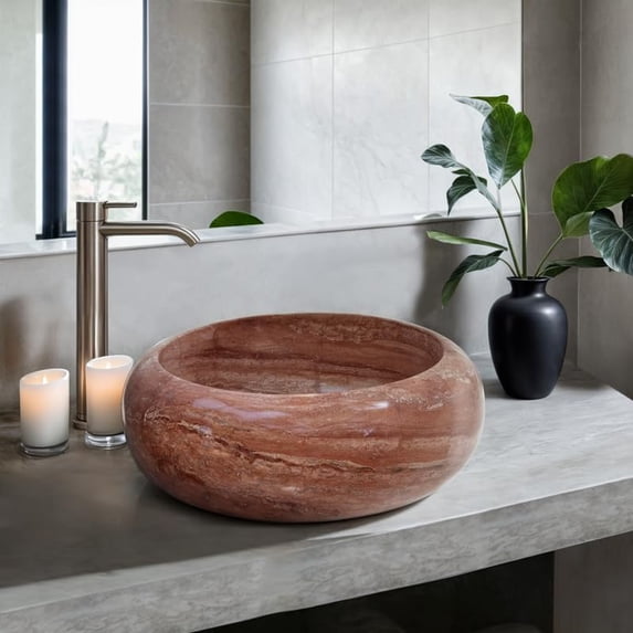 Red Travertine Vessel Sink – 16.14 Inch Round Hand-Polished Natural Stone Bathroom Sink, Durable Travertine Vanity Basin for Modern and Rustic Bathroom Design
