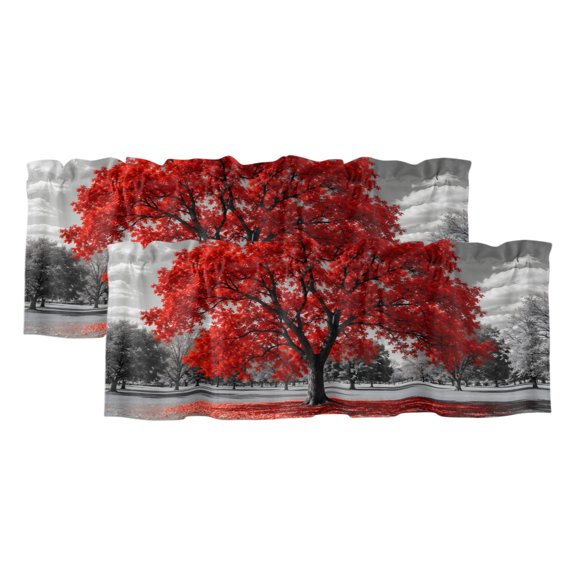 Red Tree 2 Panels Kitchen Valance, Romantic Fall Rustic Gray Meadow Grass Countryside Curtains Valances for Small Windows Rod Pocket Window Treatments for Living Room Bedroom 42"W x 12"L