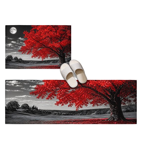 Red Tree 2 Pieces Non-Slip Kitchen Mat Set, Romantic Fall Rustic Moon Gray Sky Field Countryside Soft Door Mat with Rubber Backing, Dirtproof Rugs for Entrance Doorway, 20x24in+20x48in