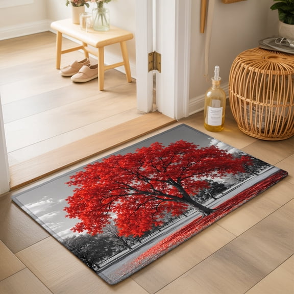 Red Tree 2'x3' Small Rugs for Entryway Front Door Kitchen Sink Area, Romantic Fall Rustic Gray Meadow Grass Countryside Soft Sturdy Mats Washable Non Slip Rectangle Area Rug