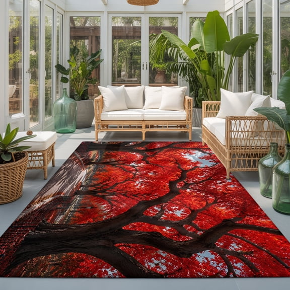 Red Tree 9'x12' Area Rugs for Living Room Sectional Sofa, Romantic Fall Rustic Path Park Fence Countryside Washable Sturdy Non Slip Soft Sturdy Rectangle Home Area Rug