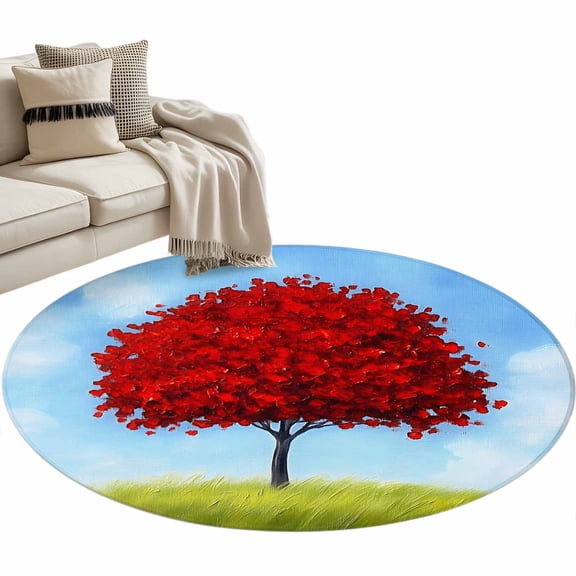 Red Tree Area Rug, Sky Grass Cloud Washable Large Circle Carpet, Non Slip Round Rug for Living Room/Bedroom/Dining Room/Home Office/Dorm