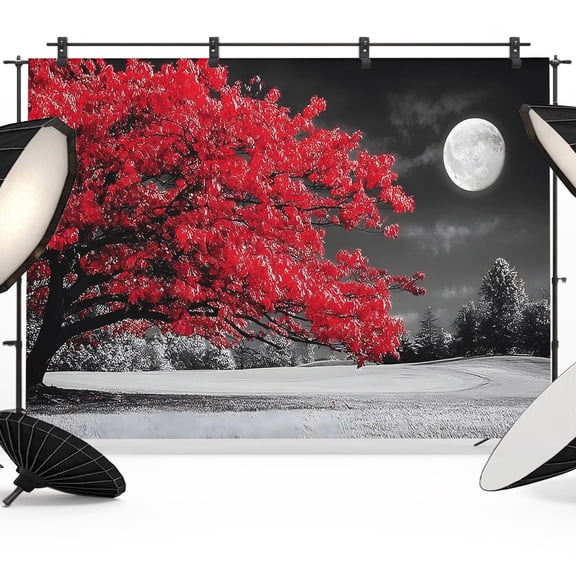 Red Tree Backdrops for Photography, Full Moon Black White Night Lake Landscape Fabric Photo Background Sturdy Studio Props for Photo Studio, Video Recording, Booth & Photoshoot 7x5ft