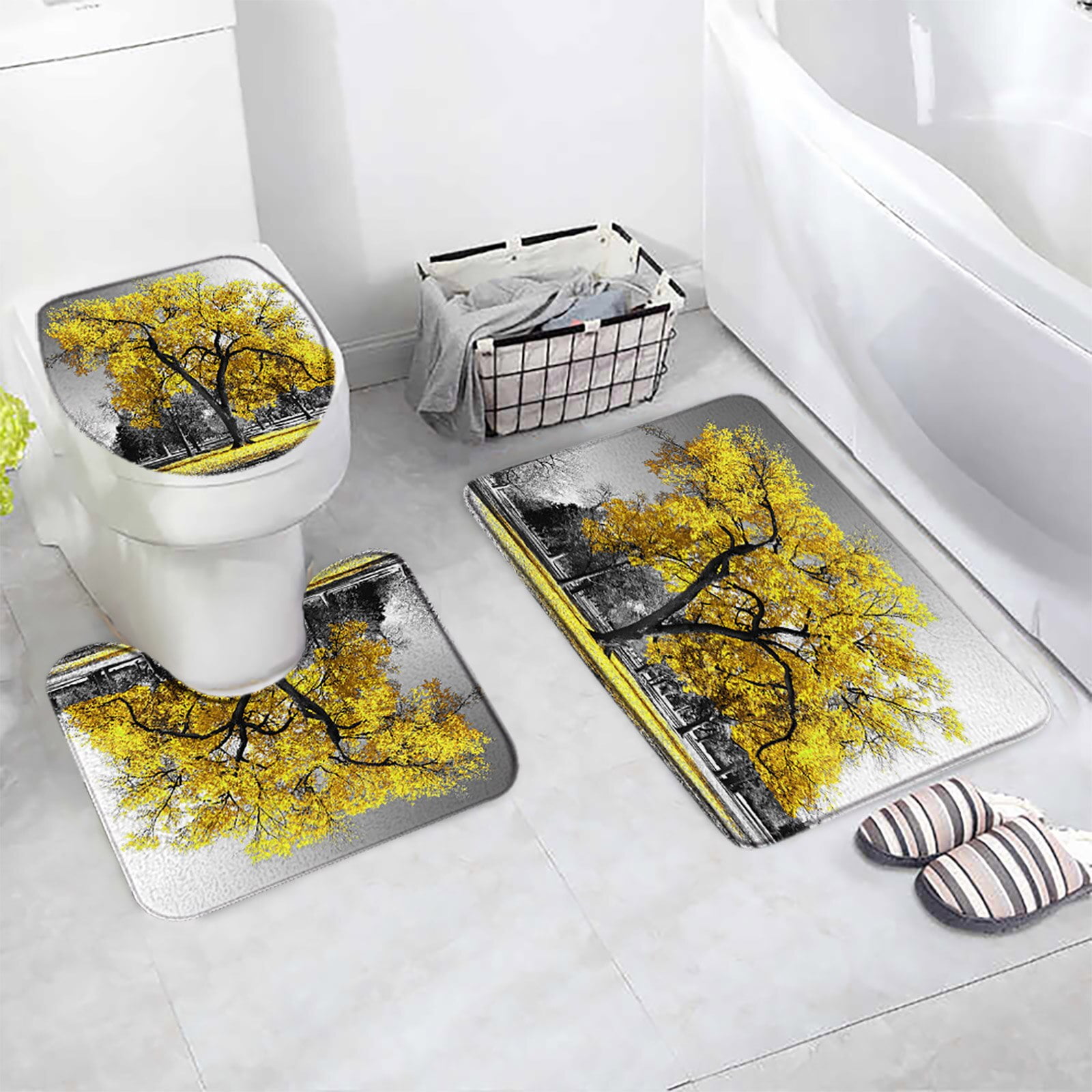Red Tree Bath Mat Set Forest Grey Sky Nature Landscape Flannel Carpet