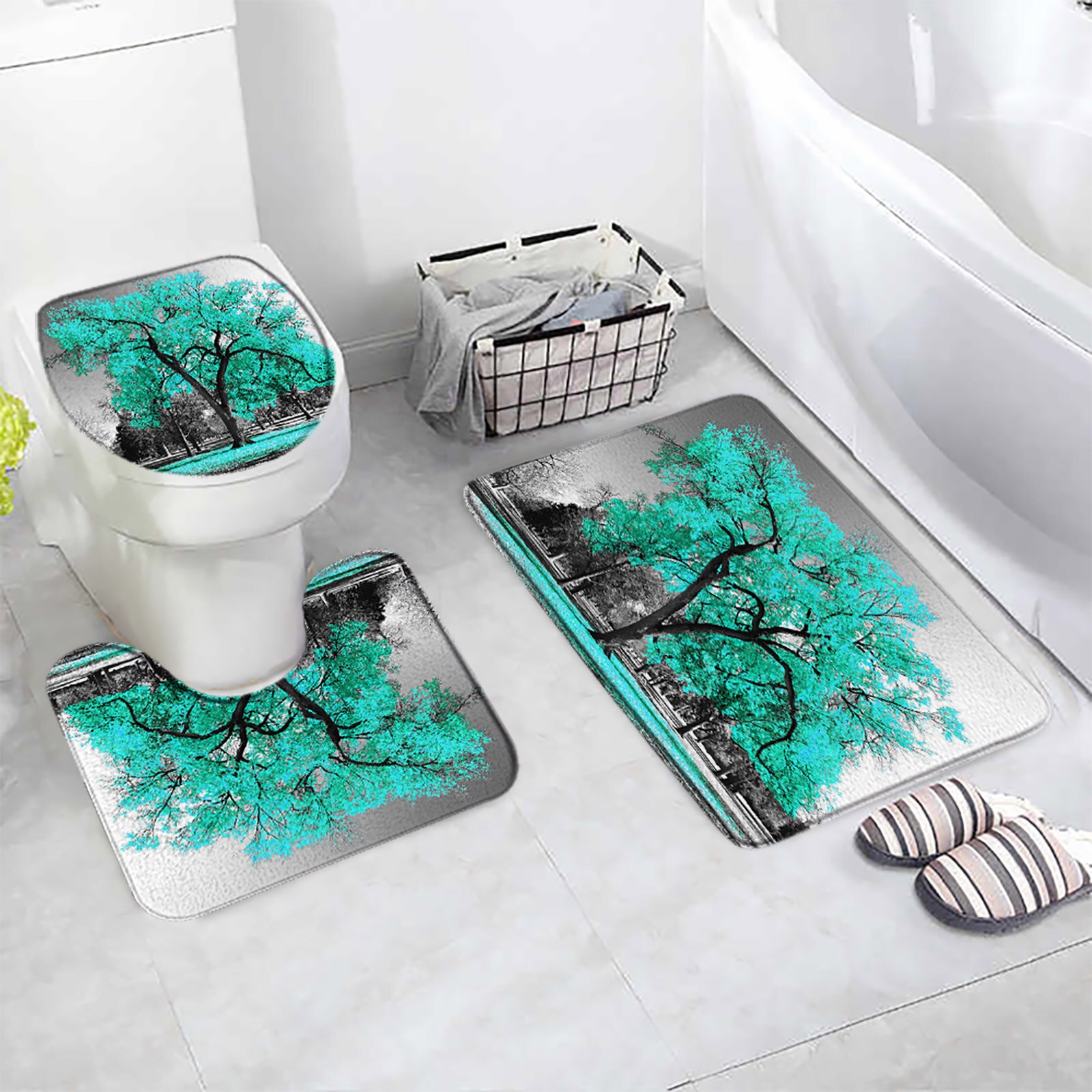 Red Tree Bath Mat Set Forest Grey Sky Nature Landscape Flannel Carpet