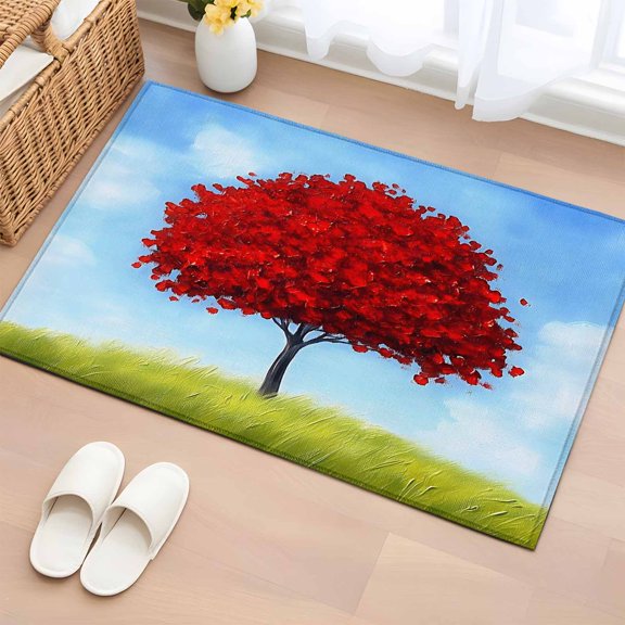 Red Tree Bathroom Rug Washable 2x3 Entryway Rug Non Slip Spring Grass Blue Sky Retro Landscape Front Door Mat Low Pile Indoor Doormat Throw Floor Carpet for Kitchen Bedroom Entrance