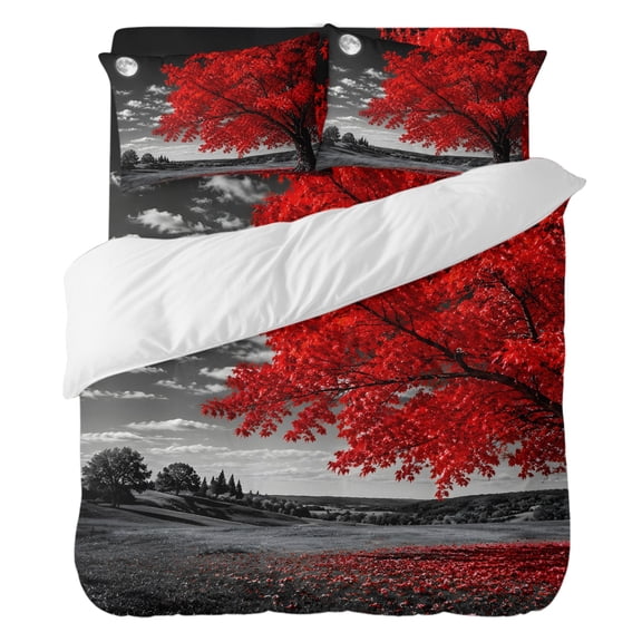 Red Tree Bedding Duvet Cover Set California King Size 4 Pieces, Romantic Fall Rustic Moon Gray Sky Field Countryside Bedding Set, 1 Comforter Cover 96x104 Inches 1 Flat Sheet & 2 Pillow Cases
