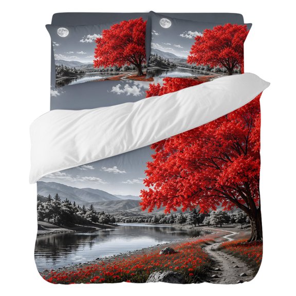 Red Tree Bedding Duvet Cover Set California King Size 4 Pieces, Romantic Fall Rustic Moon Gray Sky Flower Path Countryside Bedding Set, 1 Comforter Cover 96x104 Inches 1 Flat Sheet & 2 Pillow Cases
