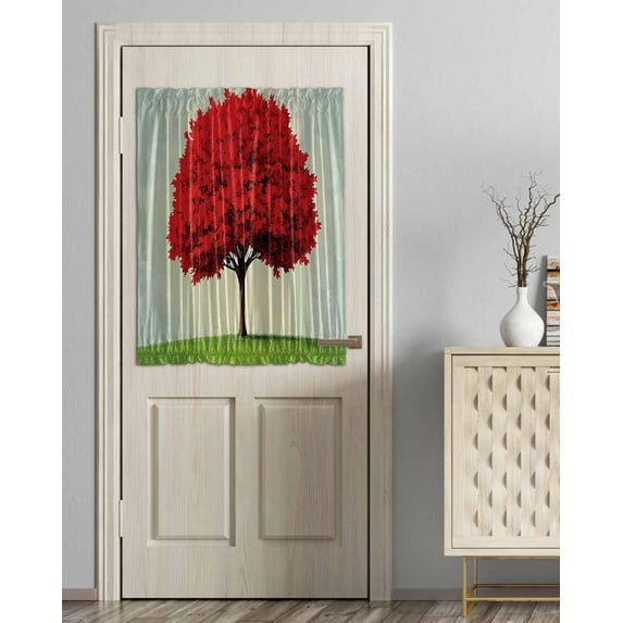 Red Tree Blackout Curtains French Door Curtains for Door Window, Green Grass Gradient Sky Watercolor Privacy Drapery for Patio/Sidelight Doors, 1 Panel with Tieback, 54 x 40 Inches