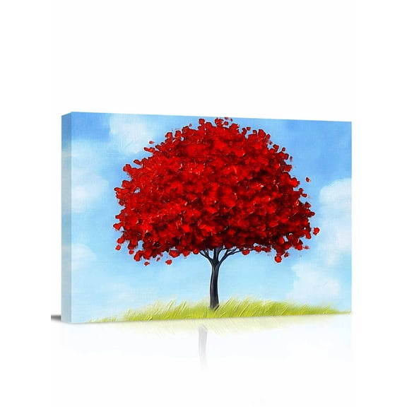 Red Tree Canvas Print Wall Art Sky Grass Cloud Framed Canvas Art Wall Decor Scenery Pictures Painting Morden Artwork for Living Room Bedroom, Ready to Hang - 12"x16"