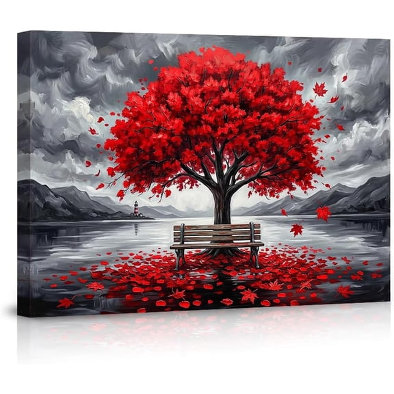 Red Tree Canvas Wall Art Autumn Landscape Decor Vibrant Maple Leaves Pictures for Living Room Bedroom Home Office Black White Scenery Painting