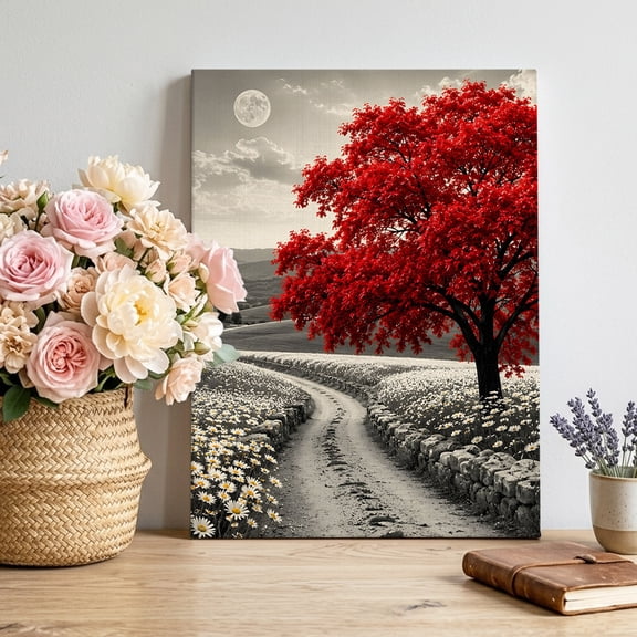 Red Tree Canvas Wall Art Framed Wall Decor for Living Room Bedroom Bathroom, Romantic Fall Rustic Gray Flower Path Daisy Field Countryside Canvas Pictures Ready to Hang Decor, 8"x10"