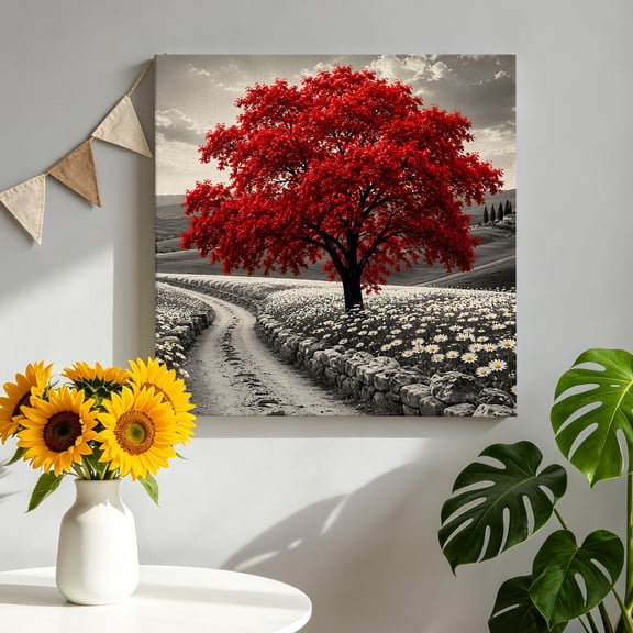 Red Tree Canvas Wall Art Framed Wall Decor for Living Room Bedroom Bathroom, Romantic Fall Rustic Gray Flower Path Daisy Field Countryside Canvas Pictures Ready to Hang Decor, 8"x8"