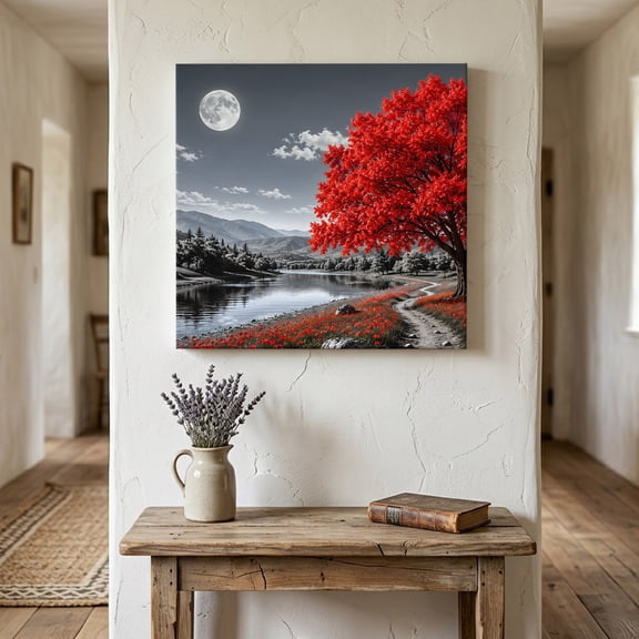 Red Tree Canvas Wall Art for Living Room Bedroom Bathroom, Romantic Fall Rustic Moon Gray Sky Flower Path Countryside Canvas Art Wall Decor, Artwork for Walls Home Office Decor, 10"x10"
