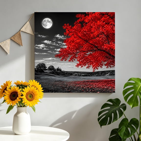 Red Tree Canvas Wall Art, Romantic Fall Rustic Moon Gray Sky Field Countryside Framed Picture Canvas Wall Art Print Decor Artwork Decorations for Living Room Bedroom Ready to Hang 12" x 12"