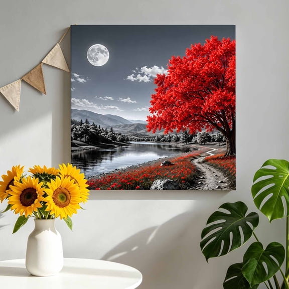 Red Tree Canvas Wall Art, Romantic Fall Rustic Moon Gray Sky Flower Path Countryside Framed Picture Canvas Wall Art Print Decor Artwork Decorations for Living Room Bedroom Ready to Hang 8" x 8"