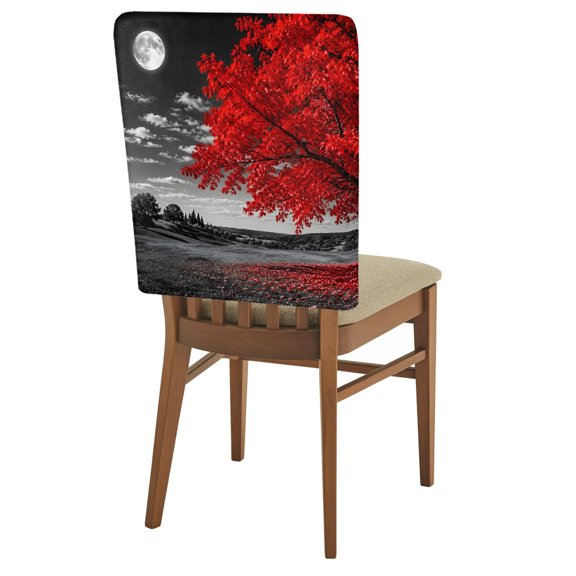 Red Tree Chair Back Covers Set of 6 Romantic Fall Rustic Moon Gray Sky Field Countryside Removable Dining Chair Slipcovers Washable Seat Protector for Restaurant Party Banquet Kichen Decor