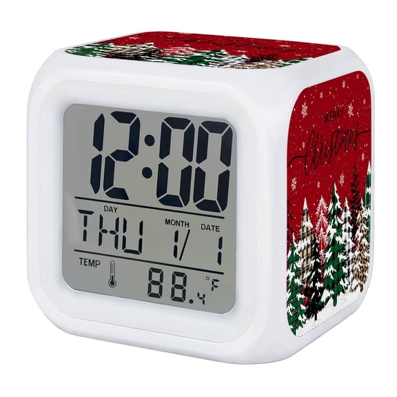 Red Tree Christmas Digital Alarm Clock for Bedrooms, Smart LED Alarm Clock with 7 Color Changing Night Light, Xmas Tree Snowflake Plaid Silent Wake Up Clocks for Sleep Study Cooking 3.2"x3.2"