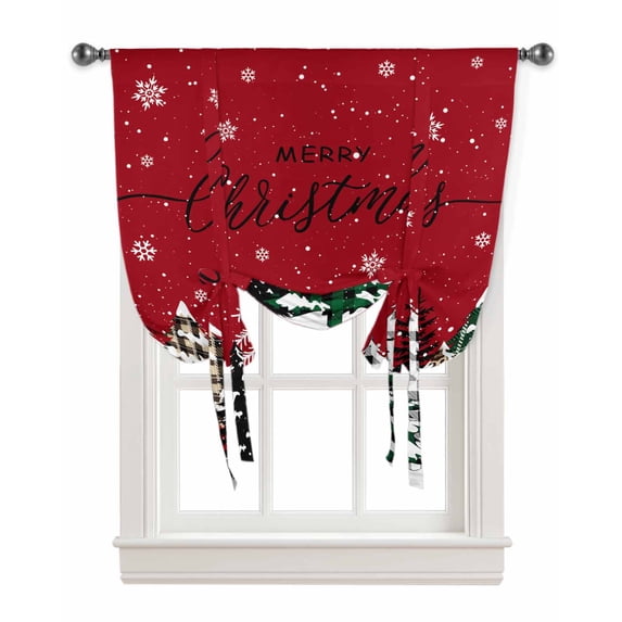 Red Tree Christmas Tie Up Curtains for Window, Xmas Tree Snowflake Plaid Thermal Insulted Balloon Shade Adjustable Rod Pocket Curtains Valance Panels for Kitchen Bathroom Café 34 x 45