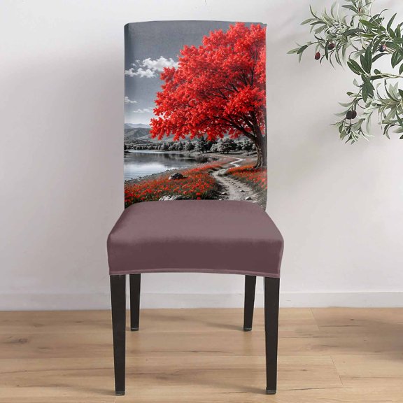 Red Tree Dining Chair Covers Set of 1, Romantic Fall Rustic Moon Gray Sky Flower Path Countryside Chair Covers for Dining Room Removable Seat Protectors Slipcovers for Home Party Wedding Banquet