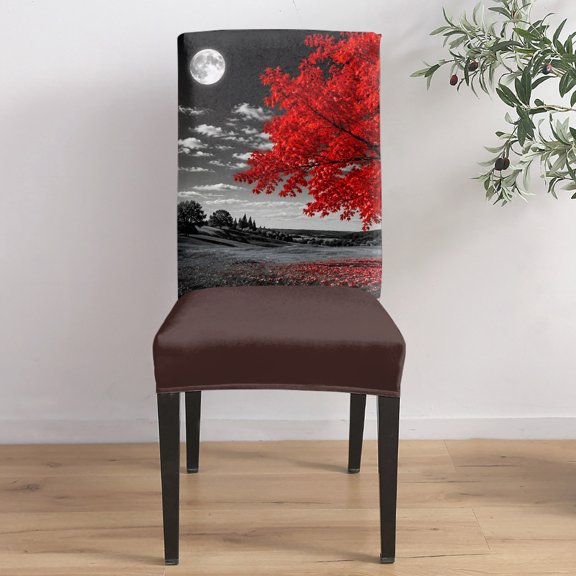 Red Tree Dining Chair Covers Set of 6, Romantic Fall Rustic Moon Gray Sky Field Countryside Chair Covers for Dining Room Removable Seat Protectors Slipcovers for Home Party Wedding Banquet