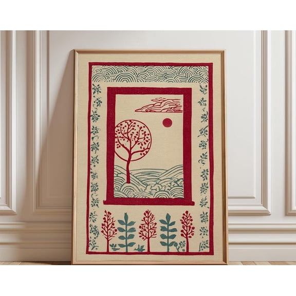 Red Tree Folk Graphic Nature Illustration Minimal Botanical Wall Art, Unframed Paper Poster 8x10in