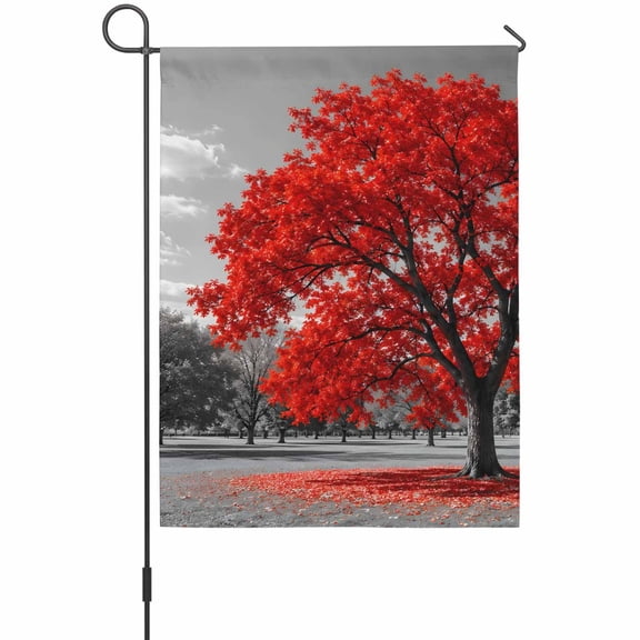 Red Tree Garden Flag 12 x 18 Inches, Romantic Fall Rustic Gray Meadow Grass Countryside Weather Proof Outdoor Patio Flags Double Sided Small Garden Decoration for Yard Outside Home