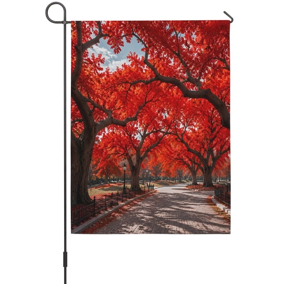 Red Tree Garden Flag 12 x 18 Inches, Romantic Fall Rustic Path Park Fence Countryside Weather Proof Outdoor Patio Flags Double Sided Small Garden Decoration for Yard Outside Home