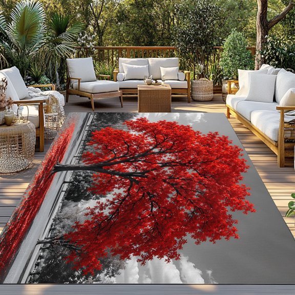 Red Tree Indoor Outdoor Rugs 3x5 Ft, Romantic Fall Rustic Gray Meadow Grass Countryside Outdoor Patio Rug Mat Washable Outside Area Rugs Carpet for Porch Deck RV Camping Pool Balcony Backyard