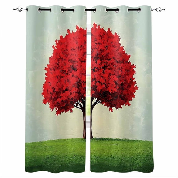 Red Tree Kitchen Curtains Green Grass Gradient Sky Watercolor Cafe Short Curtains for Bathroom Blackout Window Curtain Grommet Small Window Treatment Tier Drapes for Bedroom Living Room 27.5"x39"x2