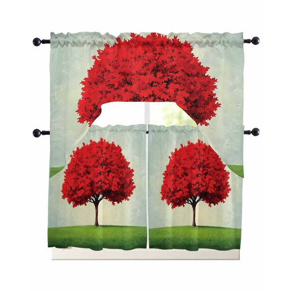 Red Tree Kitchen Curtains Sets 36 Inch Length with Valance, Green Grass Gradient Sky Watercolor Swag Valances and Tiers Curtain Set Drapes Swag Curtains for Living Room, Bathroom, Bedroom, Cafe